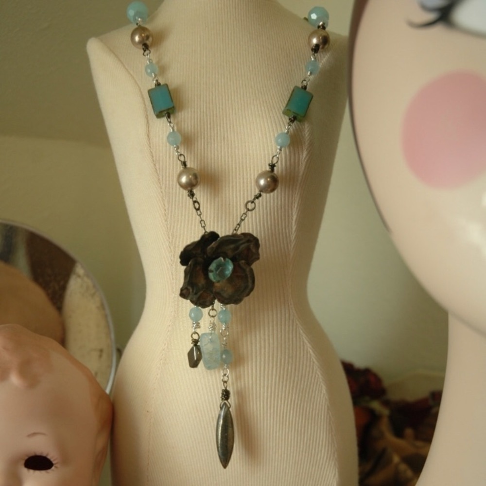 Blue Chalcedony Silver Begonia Pyrite Necklace